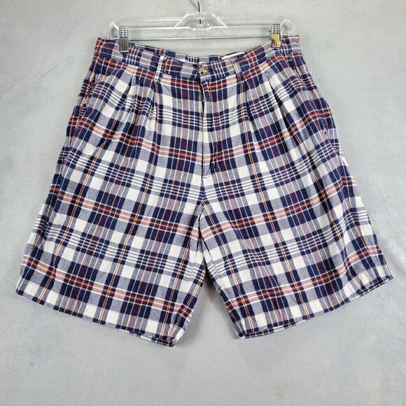Eddie Bauer Shorts Mens 35 Blue Plaid Chino Flat front Bermuda Outdoor Casual - Picture 1 of 8